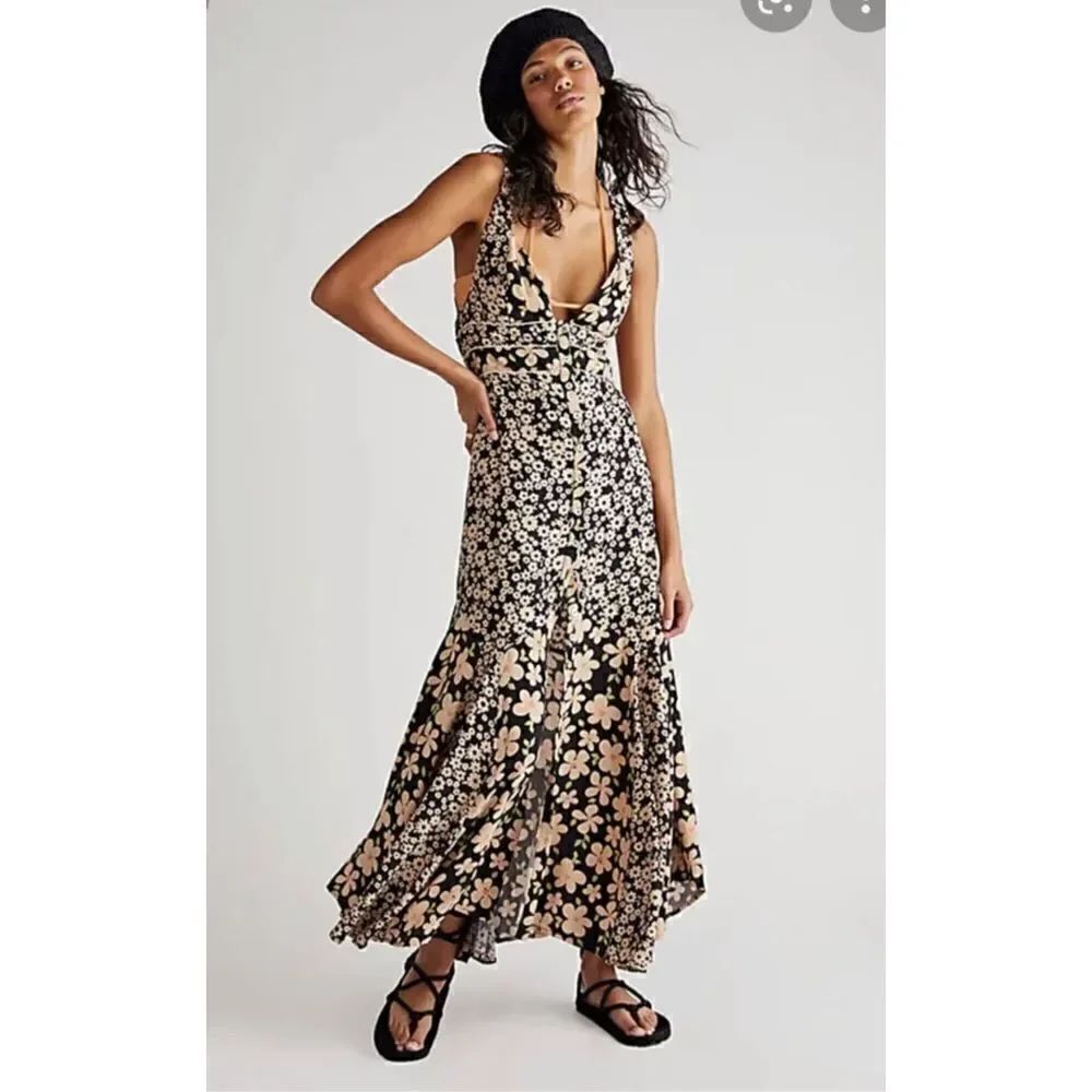 NEW FREE PEOPLE BLACK FLORAL DEWBERRY MAXI DRESS SIZE LARGE